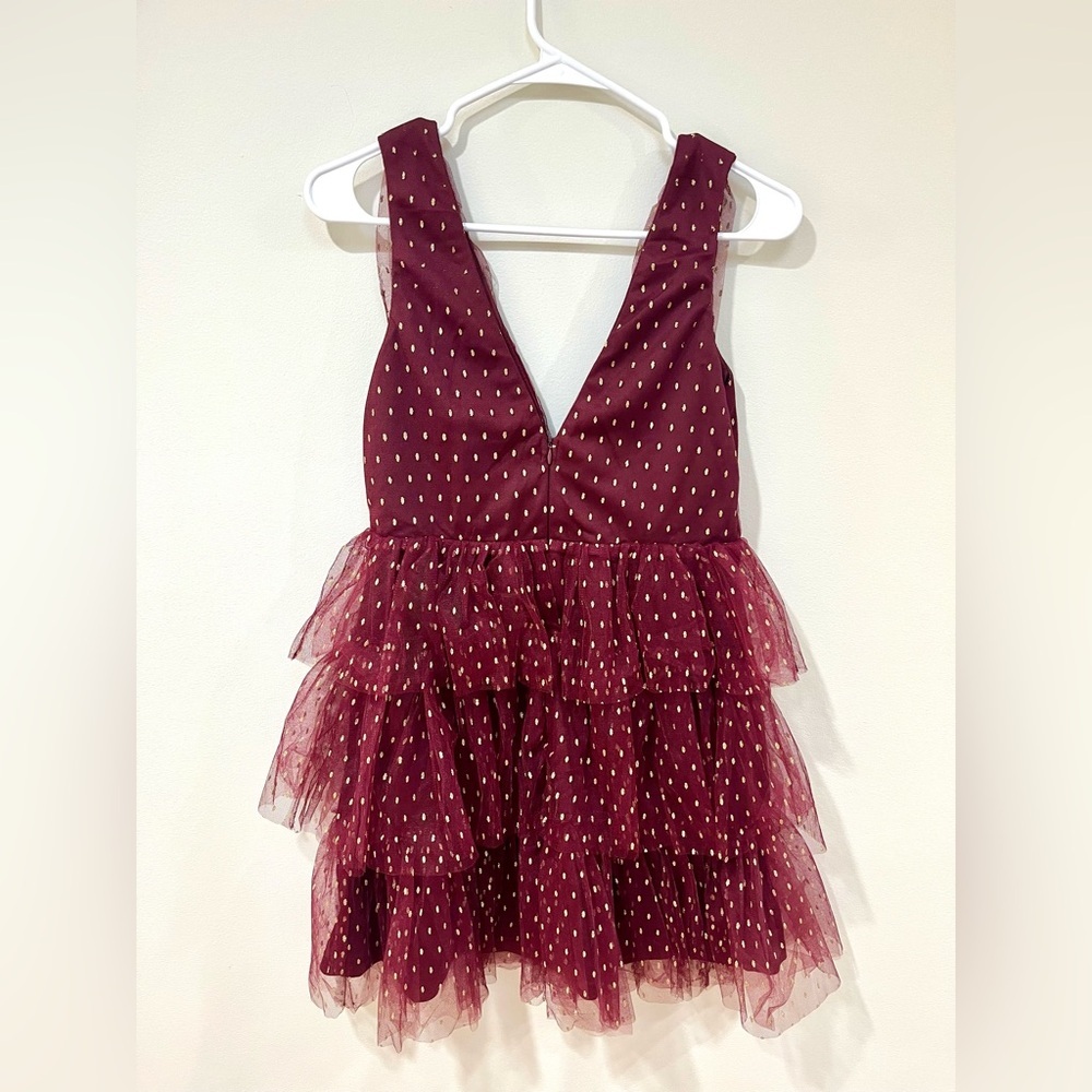 Lulus Forever Sparkling burgundy dotted mesh tiered mini dress size Medium - Picture 9 of 9